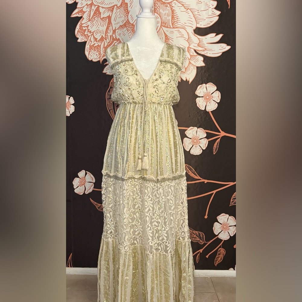 NWT GORGEOUS ETHEREAL Cream Embellished Maxi Dress w/ Gold Foil & Sequin Detail